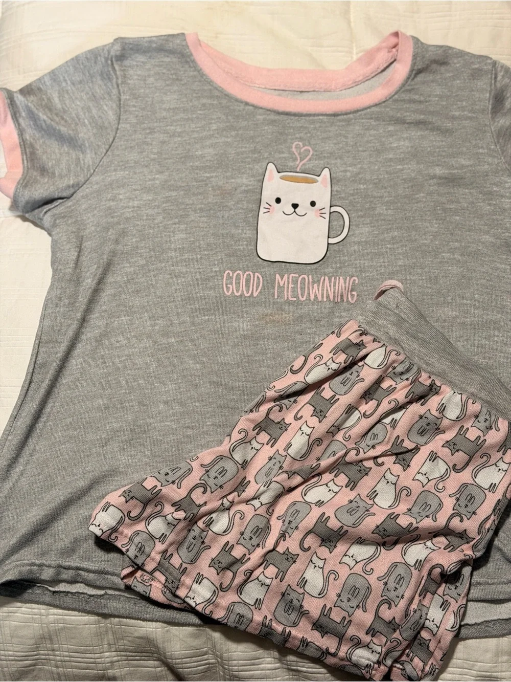 Womens Grey and Pink Cat Graphic Pajama Set